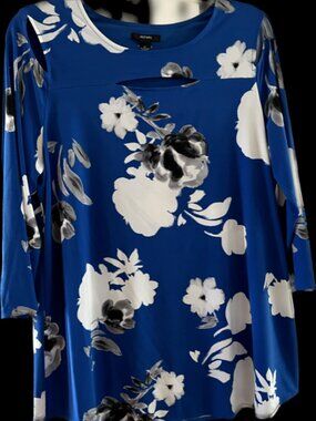 Womens stretch jersey long 3/4 blouse, blue white black with interesting slit